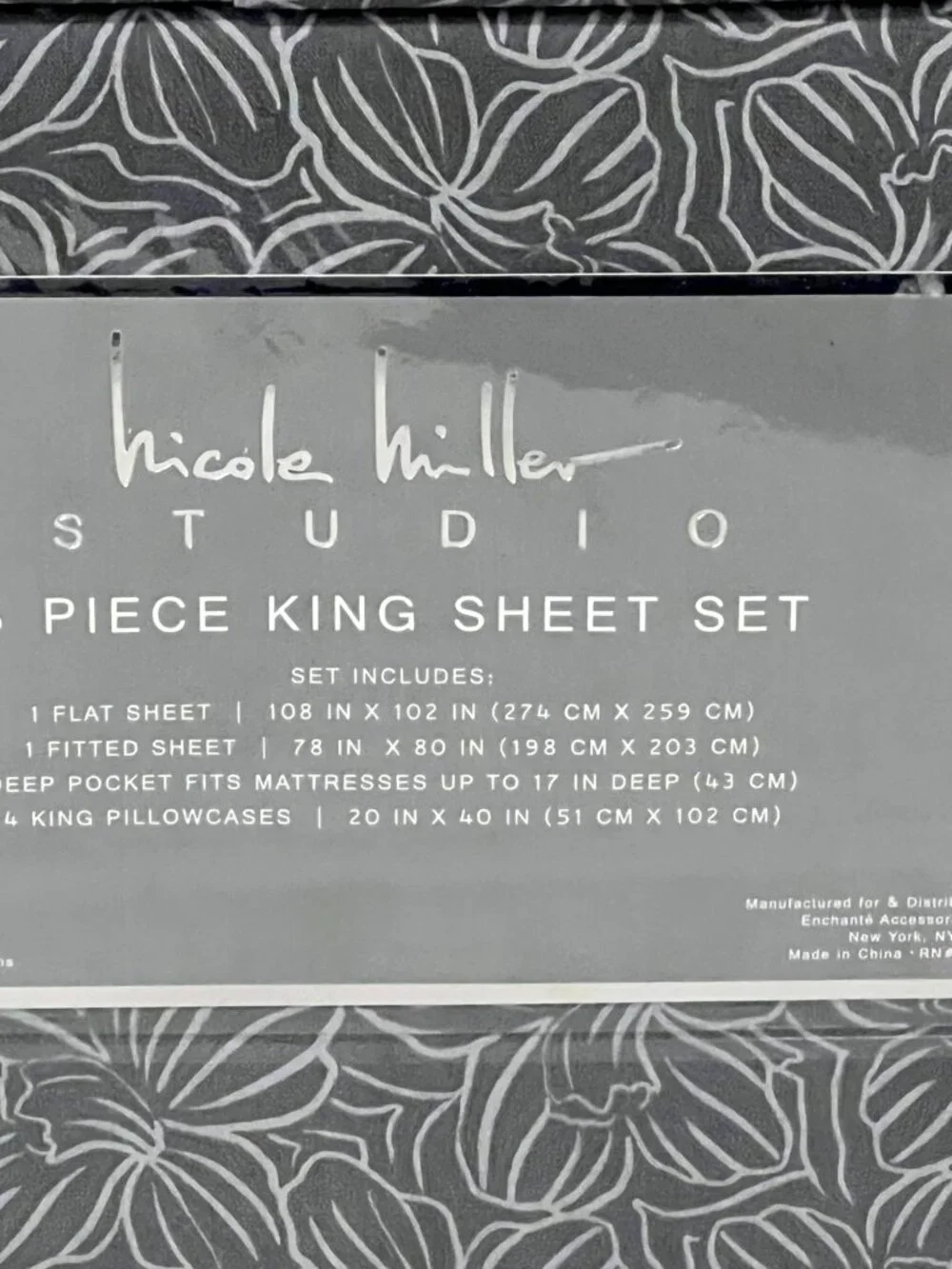 NICOLE MILLER Studio Gray KING Sheet Set 6pc New Linear Floral Tropical Flowers